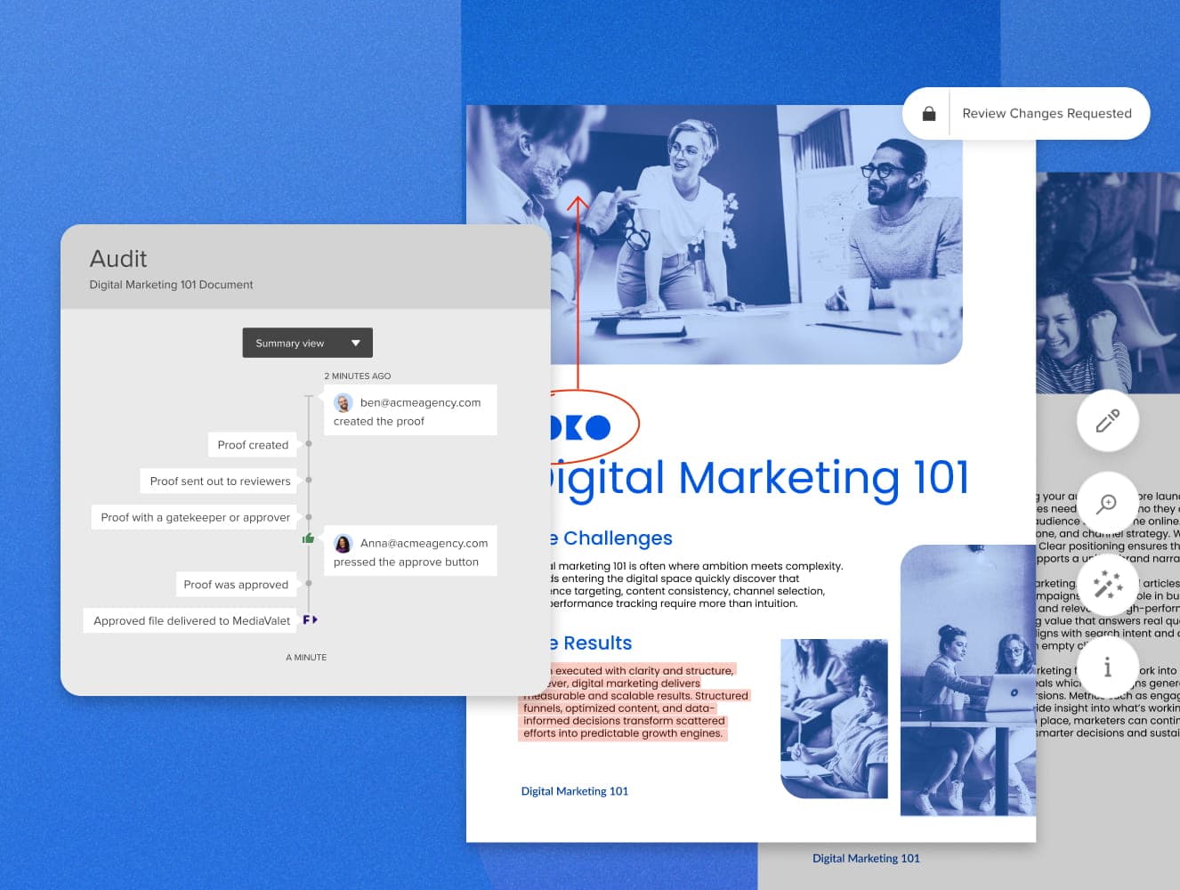 MediaValet Pageproof Integrations screenshots on a blue background