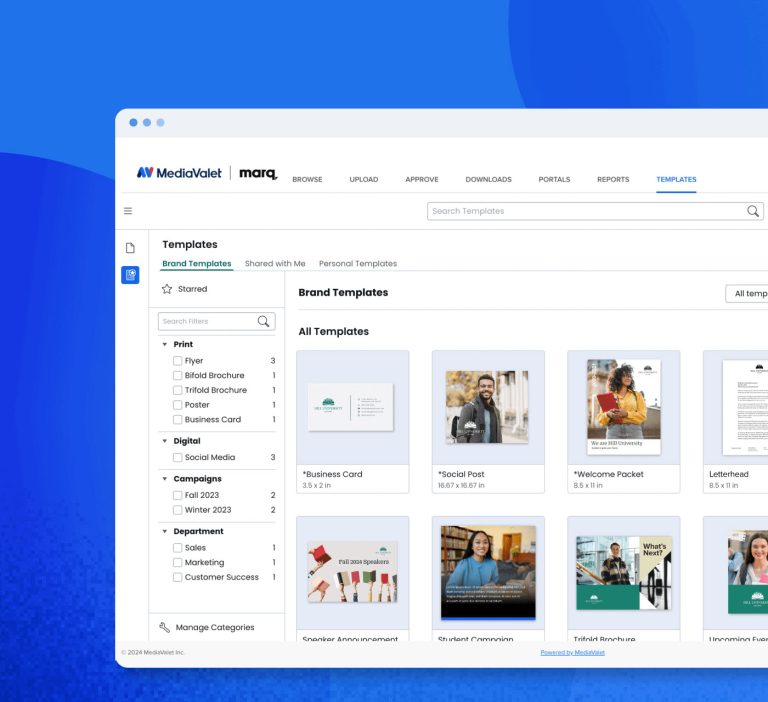 MediaValet templating powered by Marq on a blue background