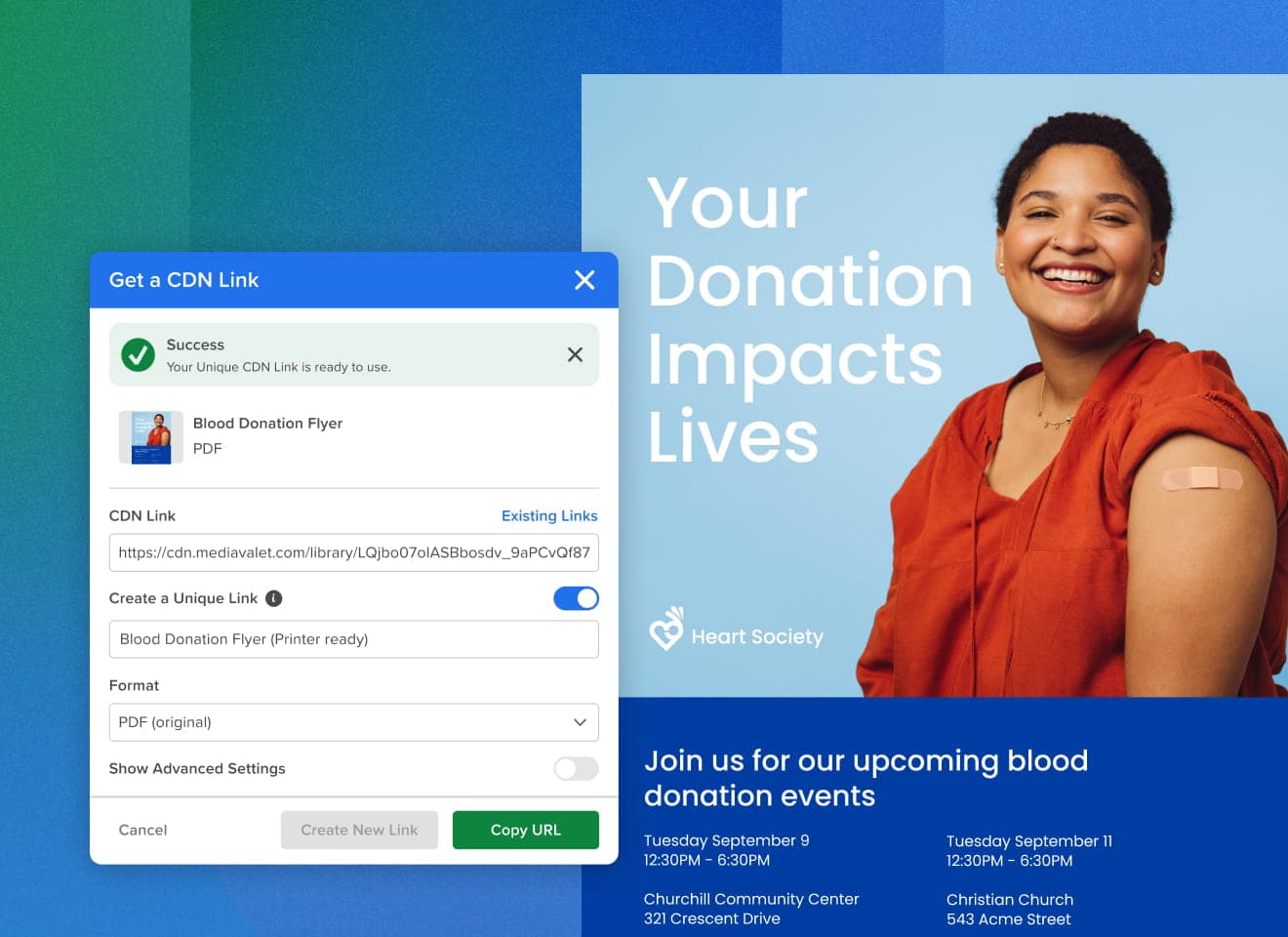MediaValet's Create CDN Link Module overlayed a nonprofit company event poster for blood donation
