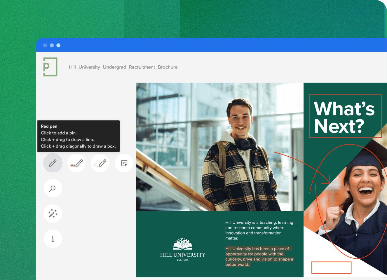 Pageproof screenshot of a student brochure with editing features highlighted