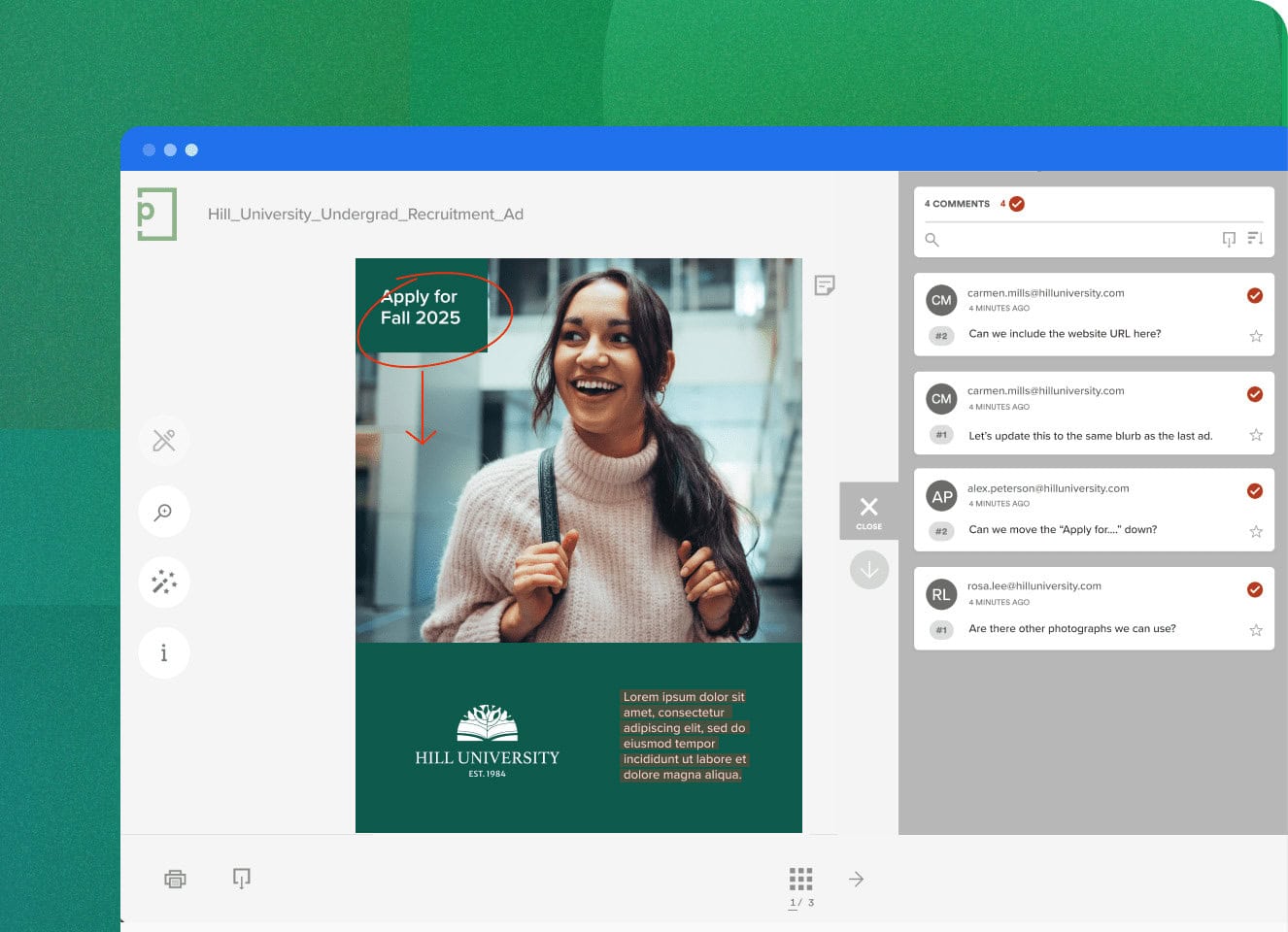 Screenshot of a University brochure with Pageproof's editing and commenting feature