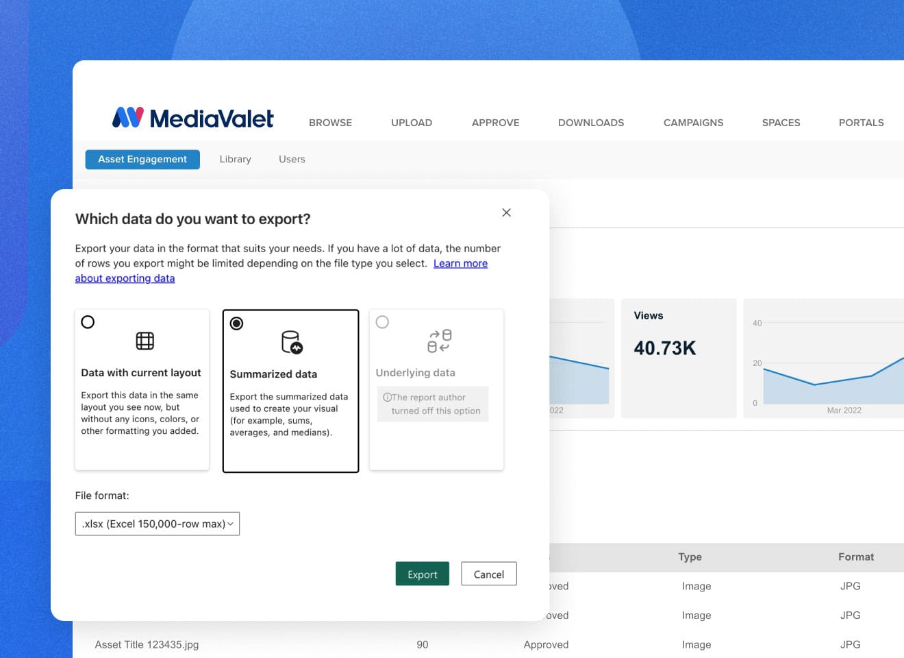 MediaValet UI showing reporting functionality to see asset engagement and popup box with which data to export in file format type on a faded blue geometric background