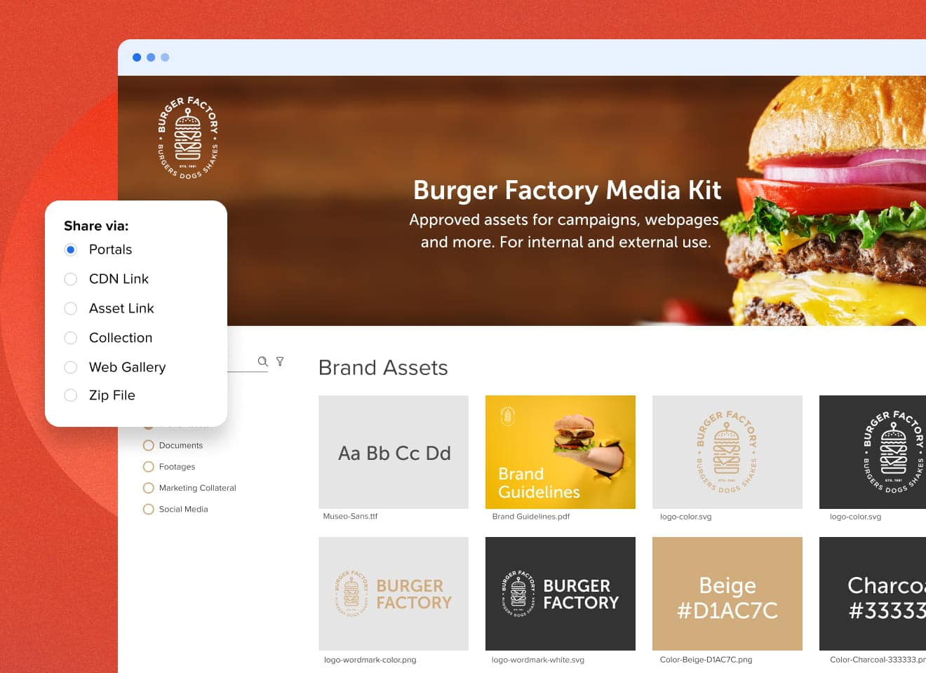 Burger Factory Company using MediaValet's Brand Portals showcasing their brand assets