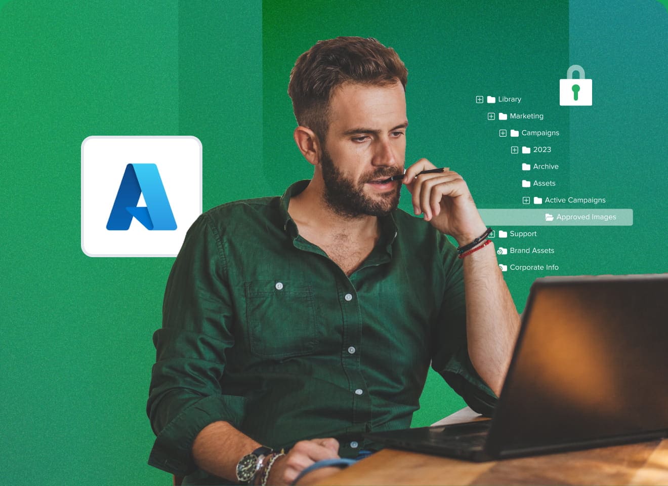 man with a pen in his mouth looking at a laptop screen. Behind him, there is an azure icon on his left side and the mediavalet category tree on his right side