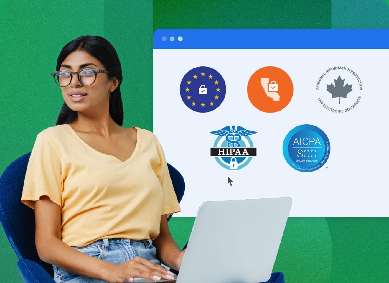 woman sitting on a chair with a laptop on her lap. She has a screen with security badges, GDPR, HIPAA, CCPA, and PIPEDA