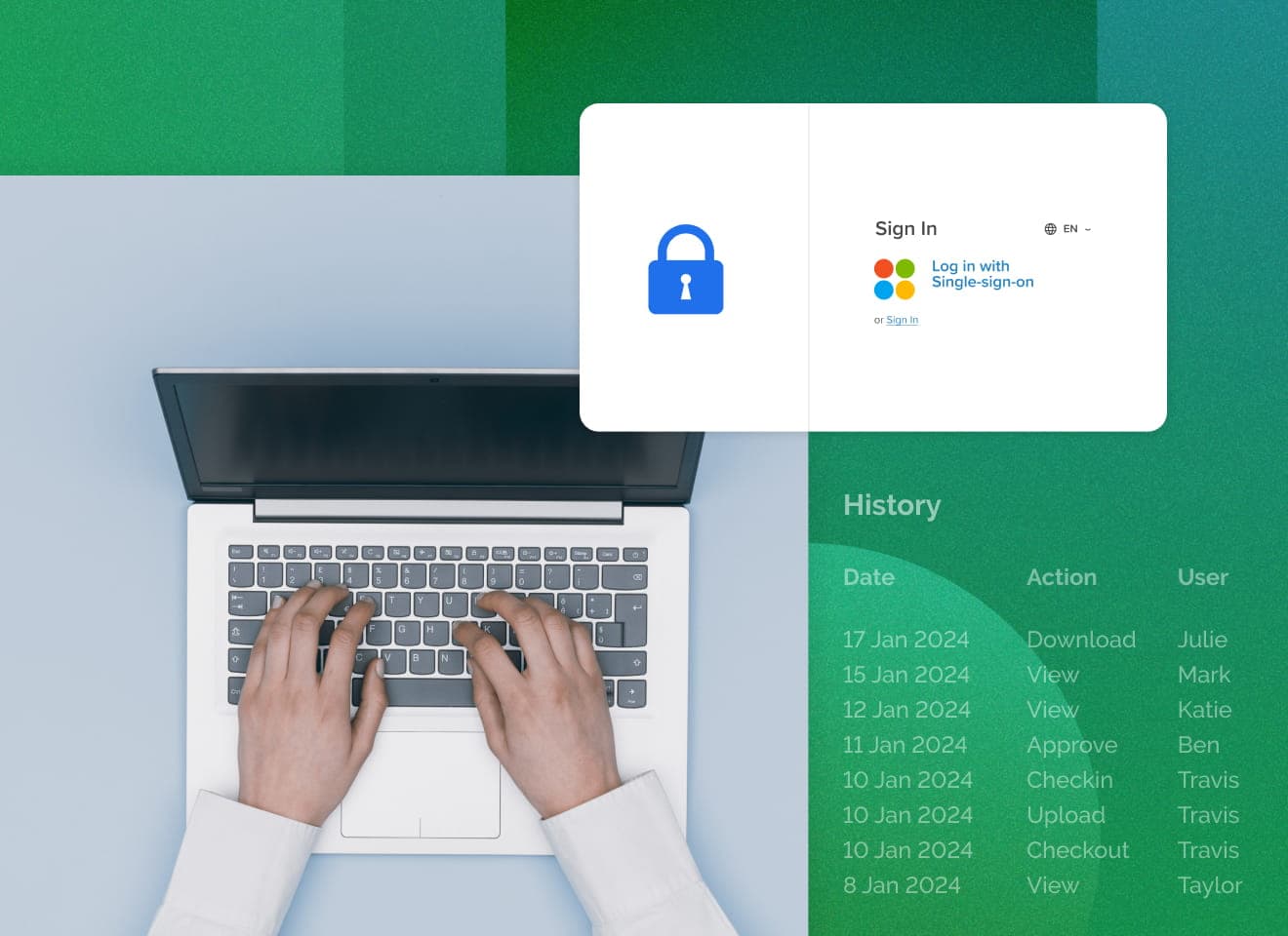 Aerial view of a pair of hands on a laptop with a floating SSO login screen to MediaValet at the top left