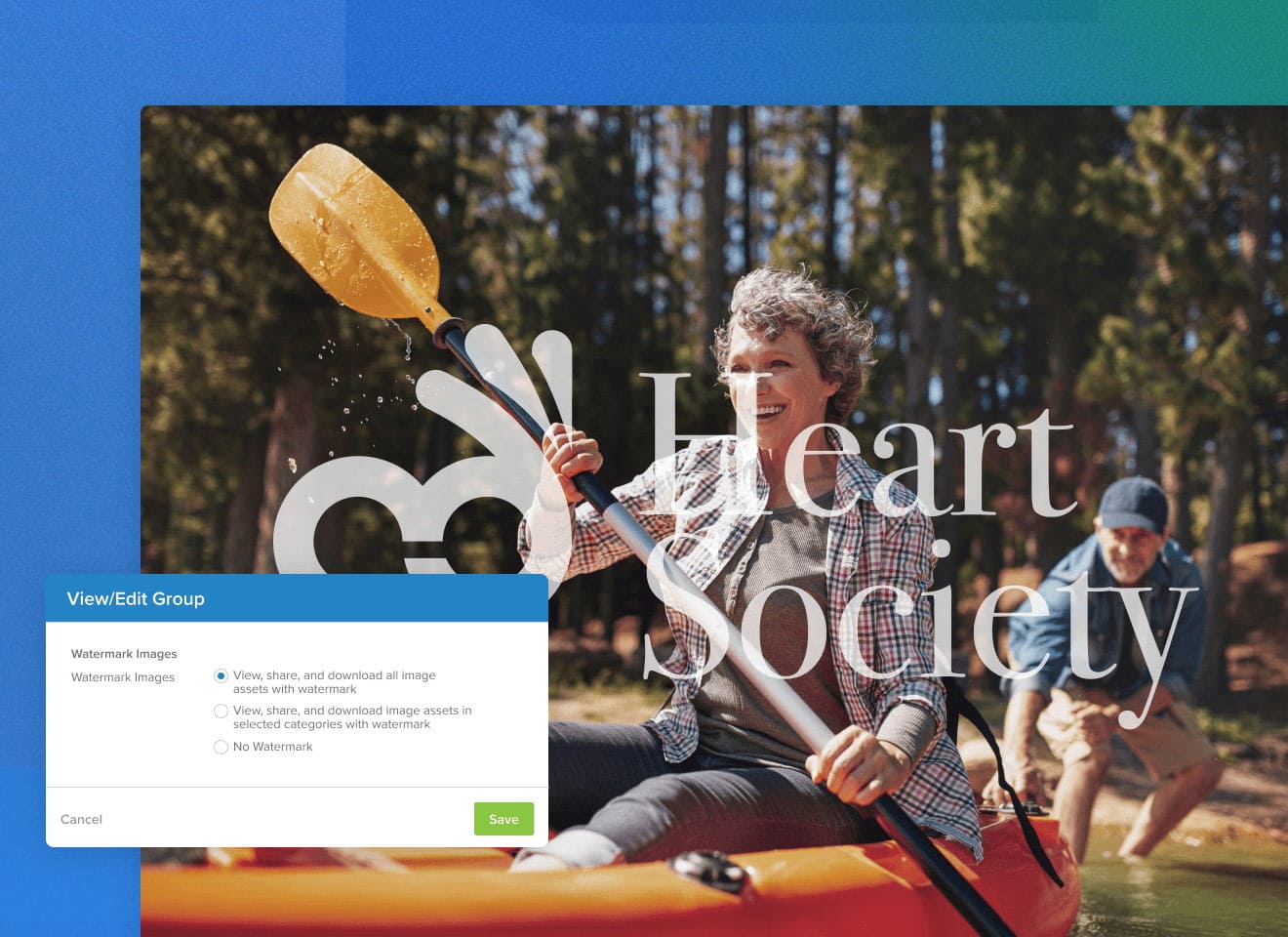 Older woman in kayak with a Heart Society watermark on the image