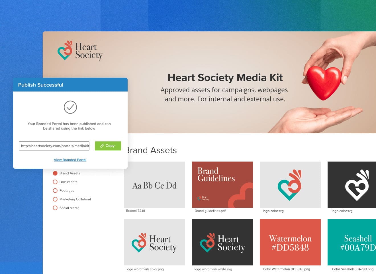 Screenshot of Heart Society's brand portal logos and assets