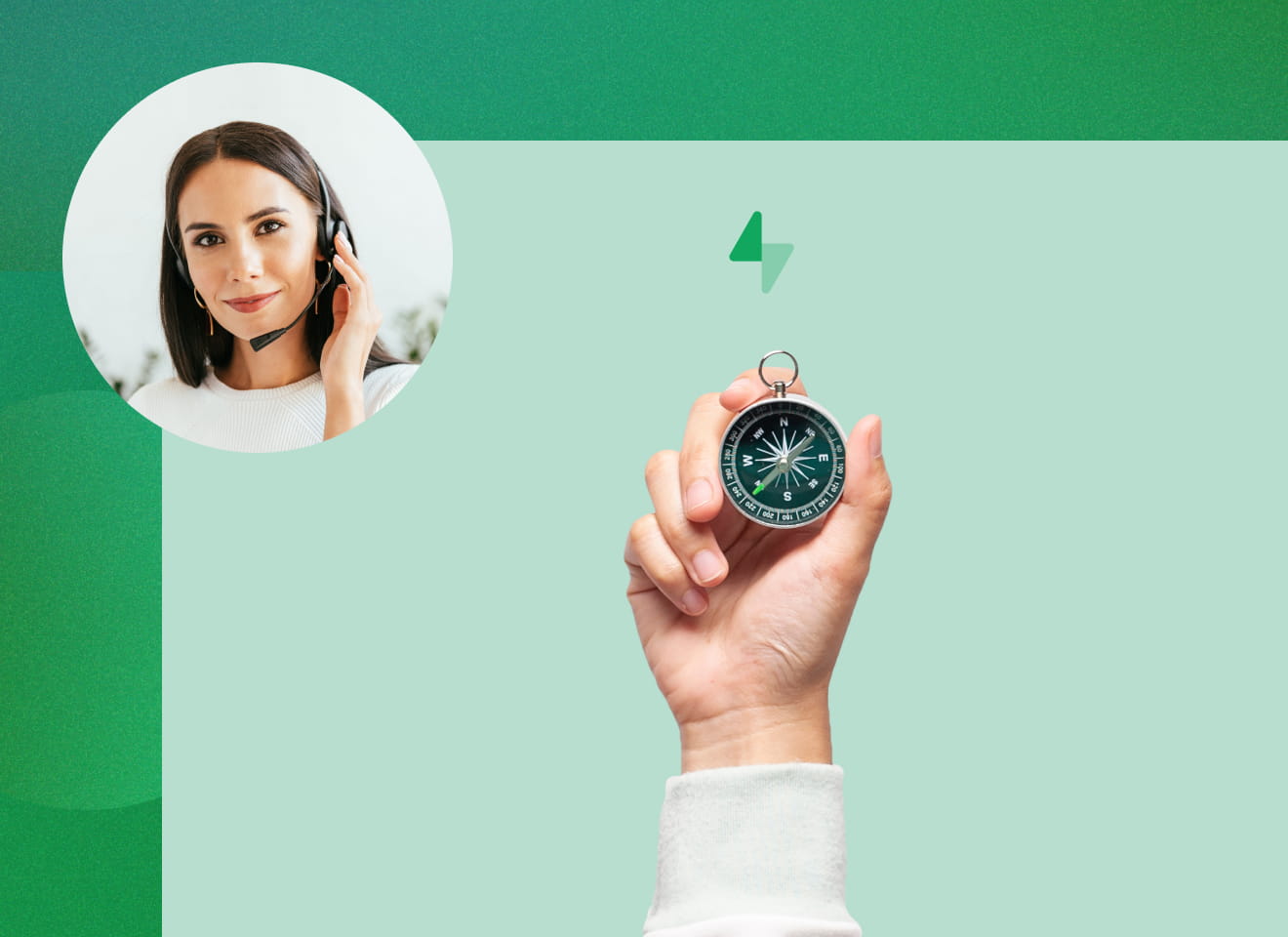 hand holding a compass with a floating circle at the top left of a female MediaValet customer support representative providing guidance