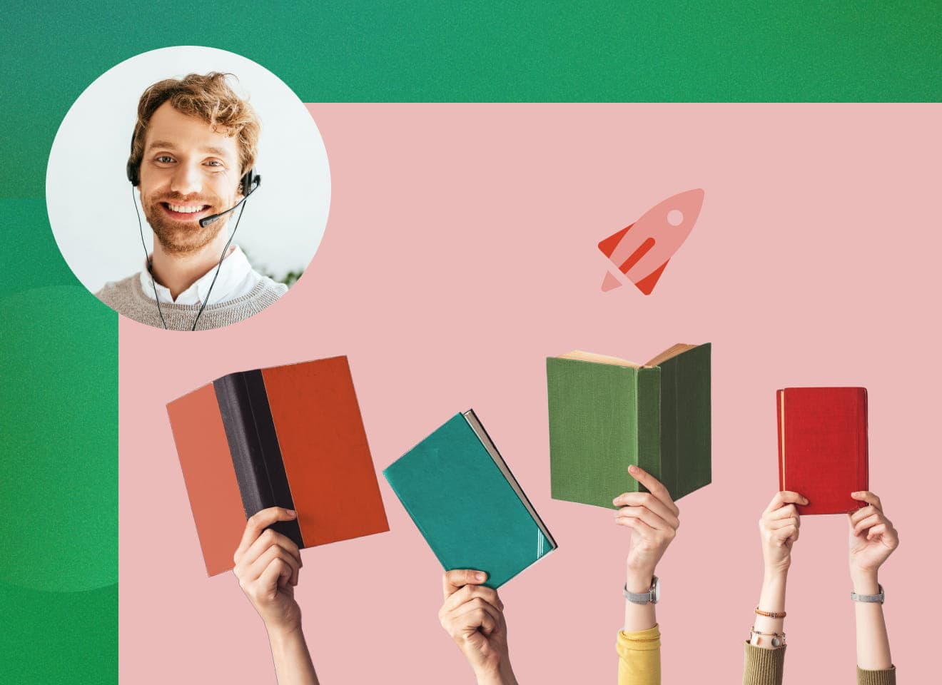 4 hand holding a colorful book with an icon of a rocket ship above it. A floating circle at the top left of a male MediaValet customer support representative smiling