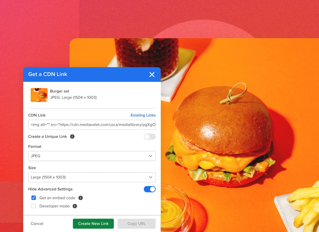 MediaValet's Create CDN Link Module overlayed a burger set image