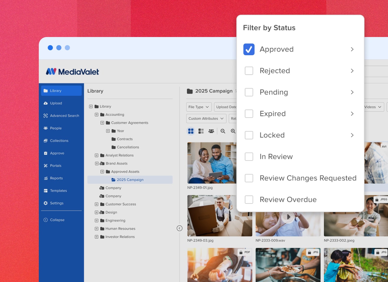 MediaValet digital asset management system with a module of filter by status showing approved selected