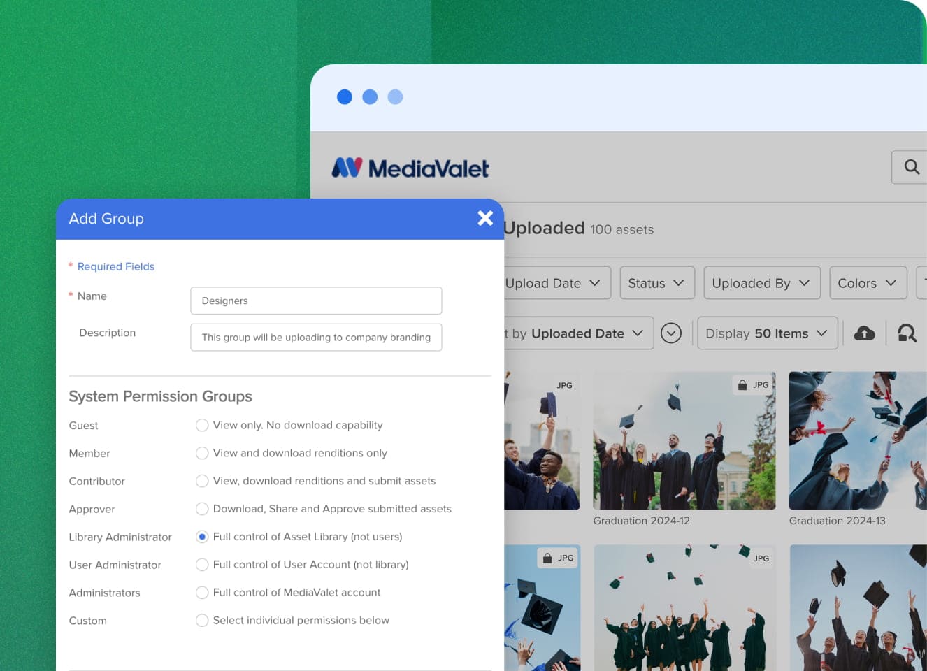 Screenshots of MediaValet's permissions feature