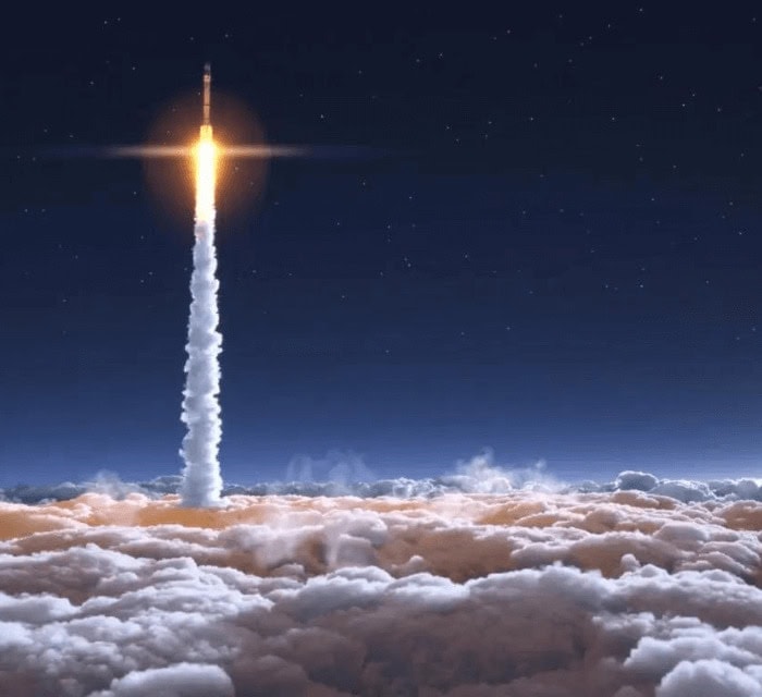 A spaceship taking off through the atmosphere