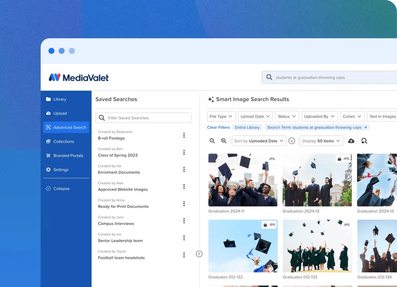 Screenshot of DAM software showing results from search, throwing graduation caps