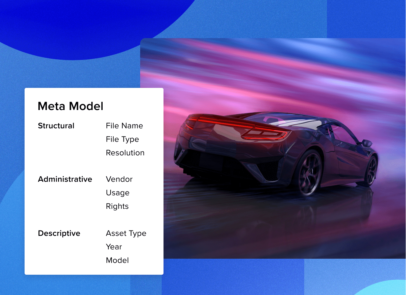 Black sports cars driving fast down a road of pink and purple fade with a popup box for Meta Model, structural, administrative, and descriptive information on top of a blue geometric blue background