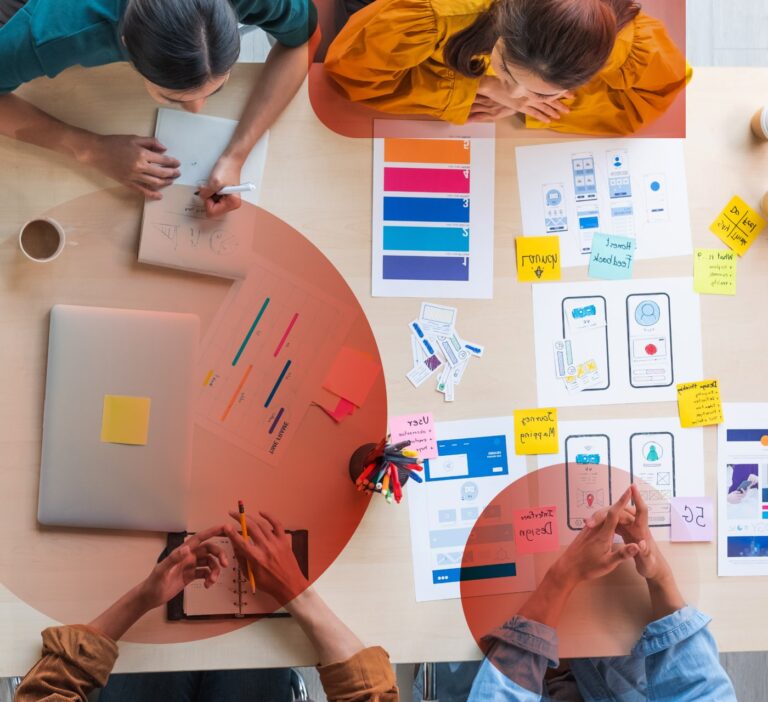 Group of coworkers at a desk strategizing on how to build a valuable brand ecosystem. Laptop, notes, and graphics on the table top.