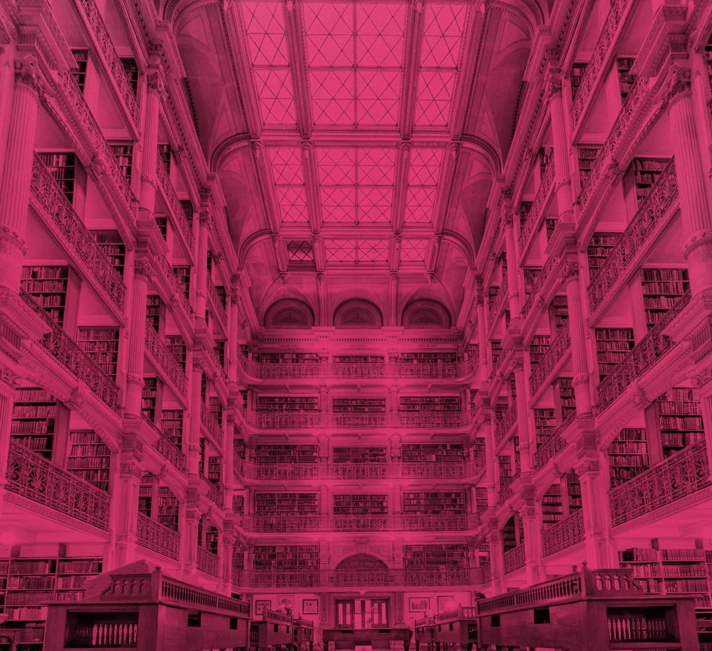 magenta image of a giant multi-floor library
