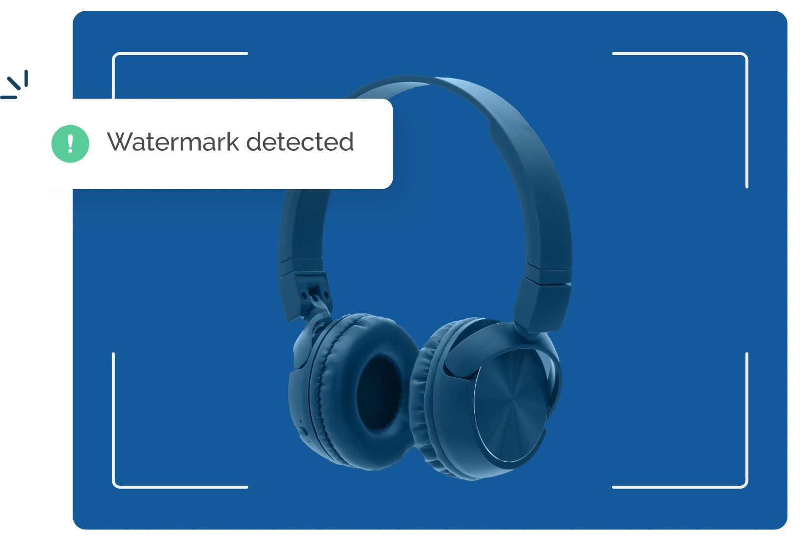 Headphones on a dark blue background highlighted by 4 white brackets with a watermark detected popup