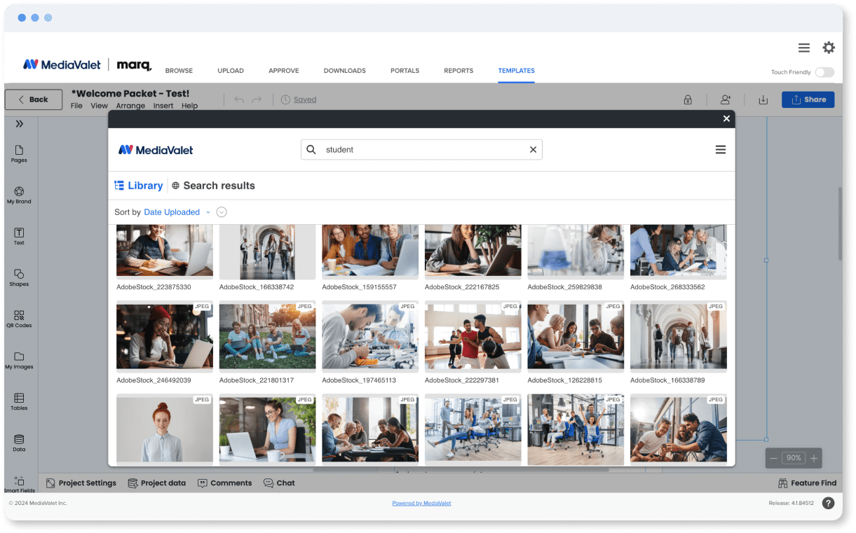 marq templating product screen showcasing search results of students in a pop up module