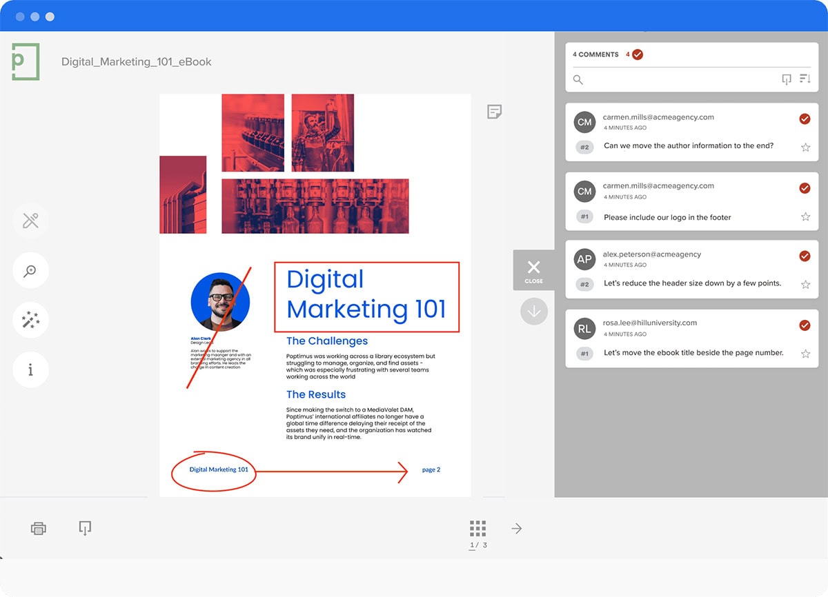 Screen showing proofing software with comments