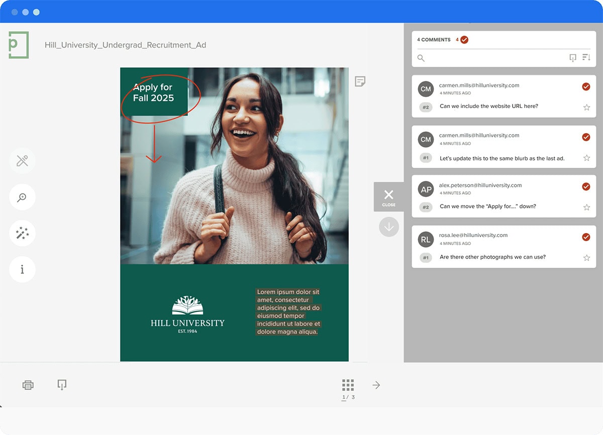 Proofing screenshot showing University catalog with edits and comments