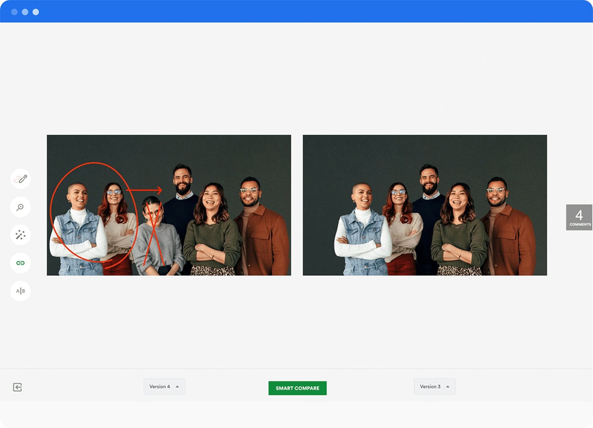 Screen of proofing feature showing two photos of people one edited