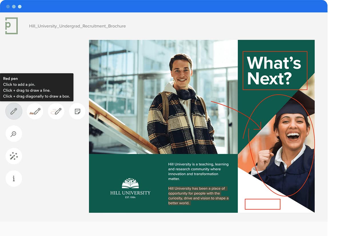 Screenshot of proofing software, University brochure with edits marked