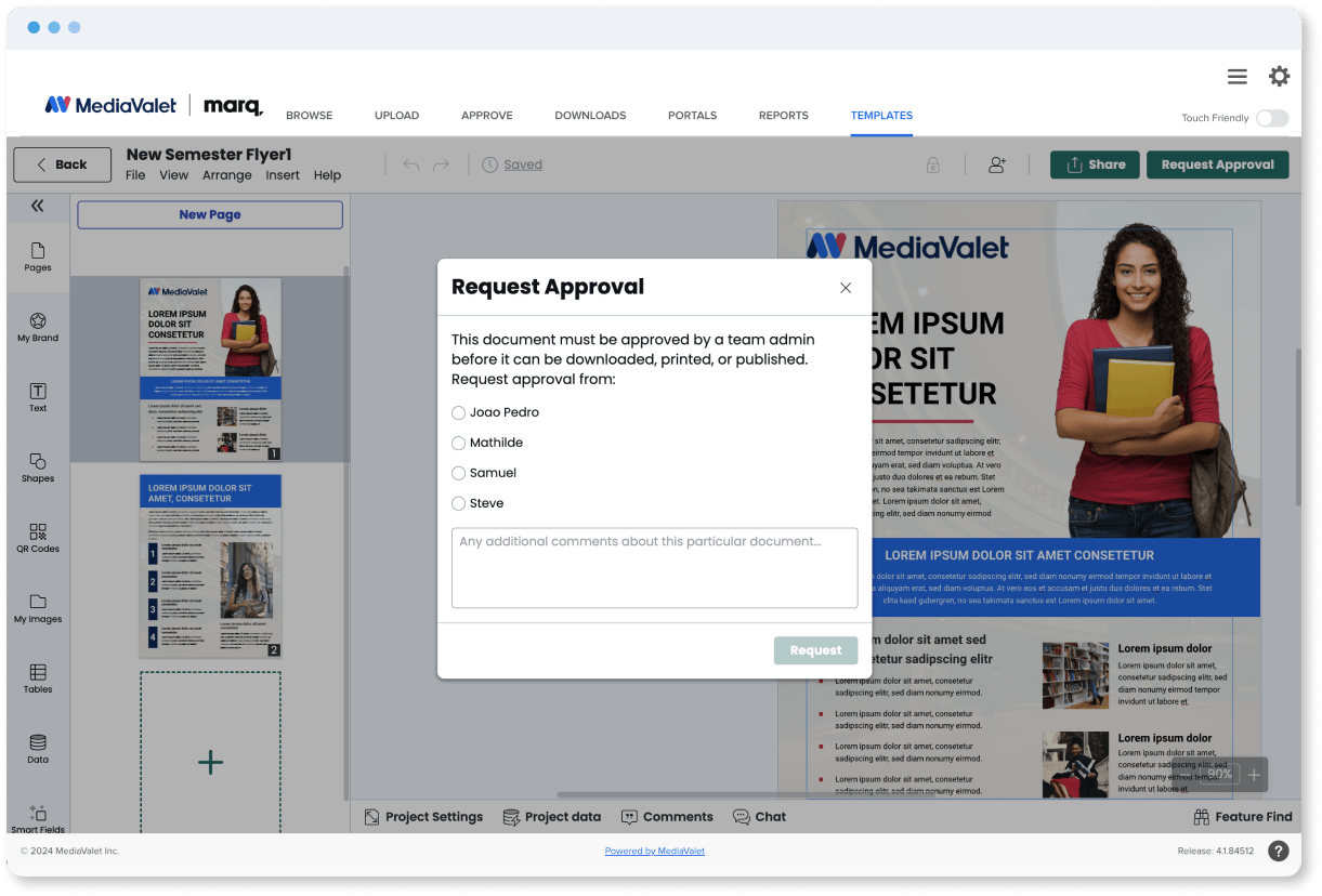 MediaValet Templating request approval screenshot - request approval overlayed on DAM templates screen