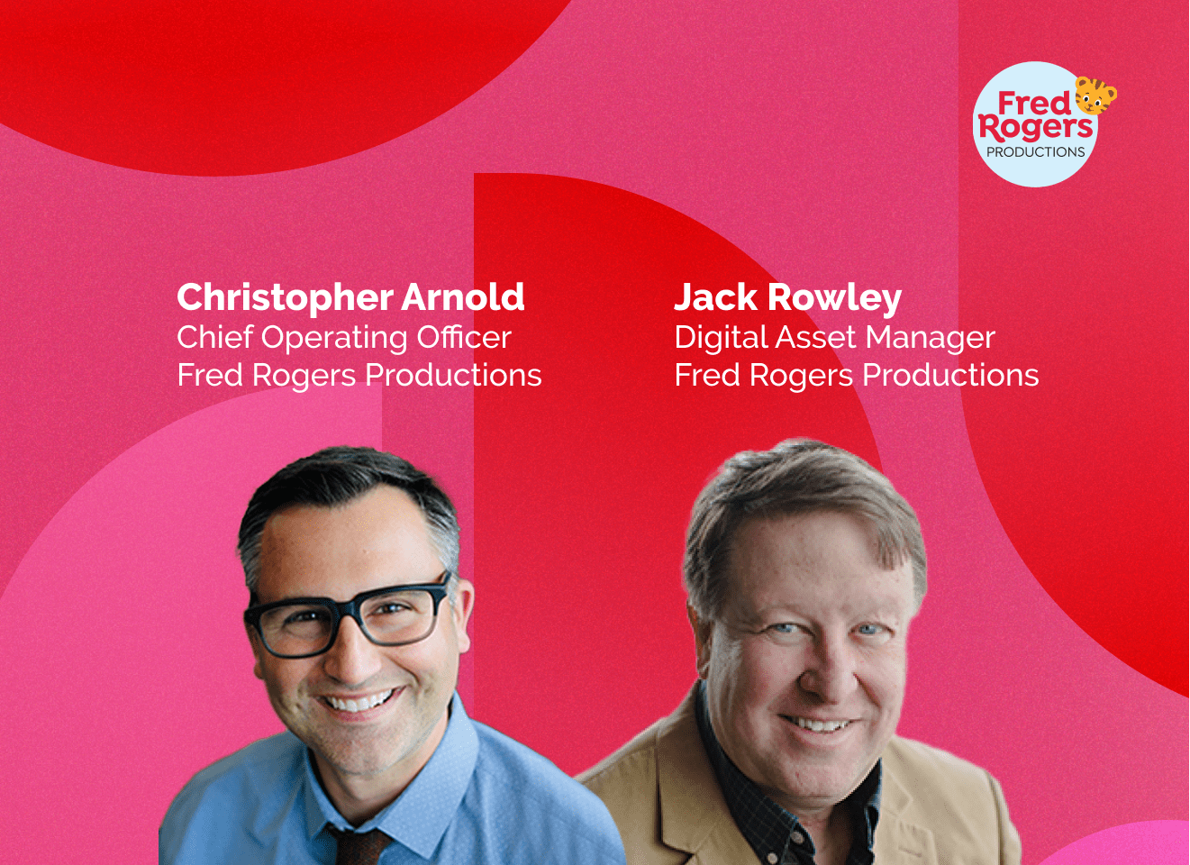Christopher Arnold, chief operating officer at Fred Rogers Production and Jack Rowley, digital asset manager at Fred Rogers Production, posing in business attire with a magenta geometric background behind