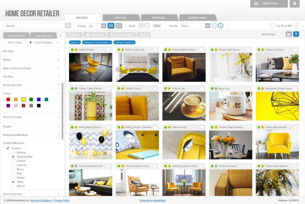 Media library of home decor retailers browse uploaded images that are filtered by the colour yellow, category of couches/sofas and tables category