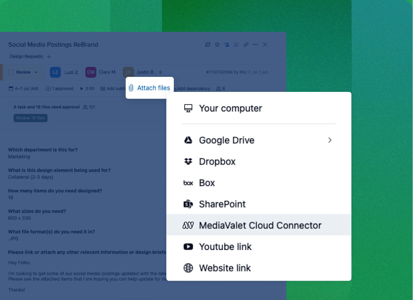 Screenshot connecting Wrike to MediaValet