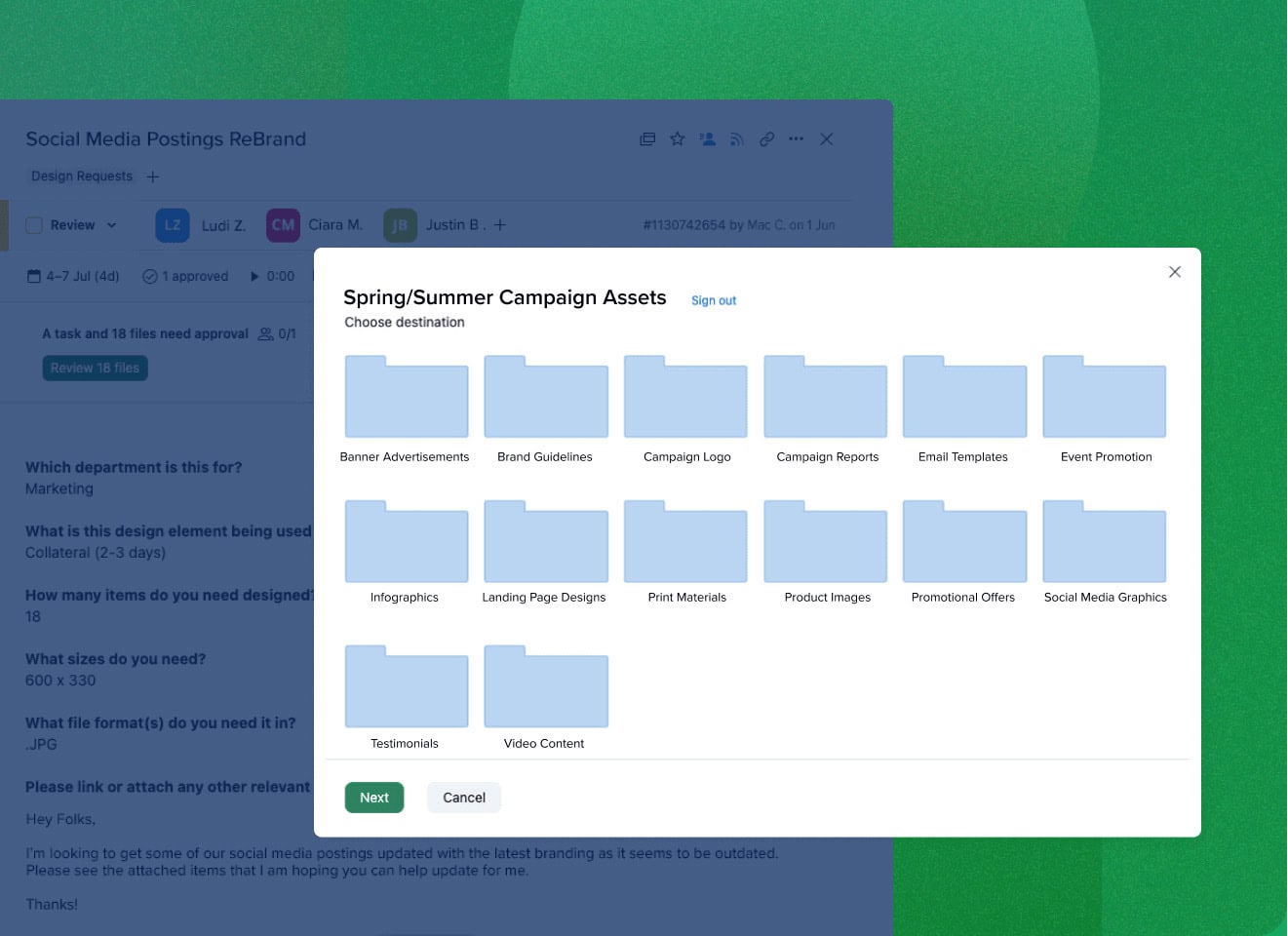 Screenshot showing folders connecting dam to Wrike