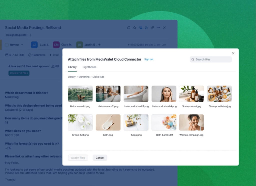 Screenshot showing images being attached to a dam from Wrike software