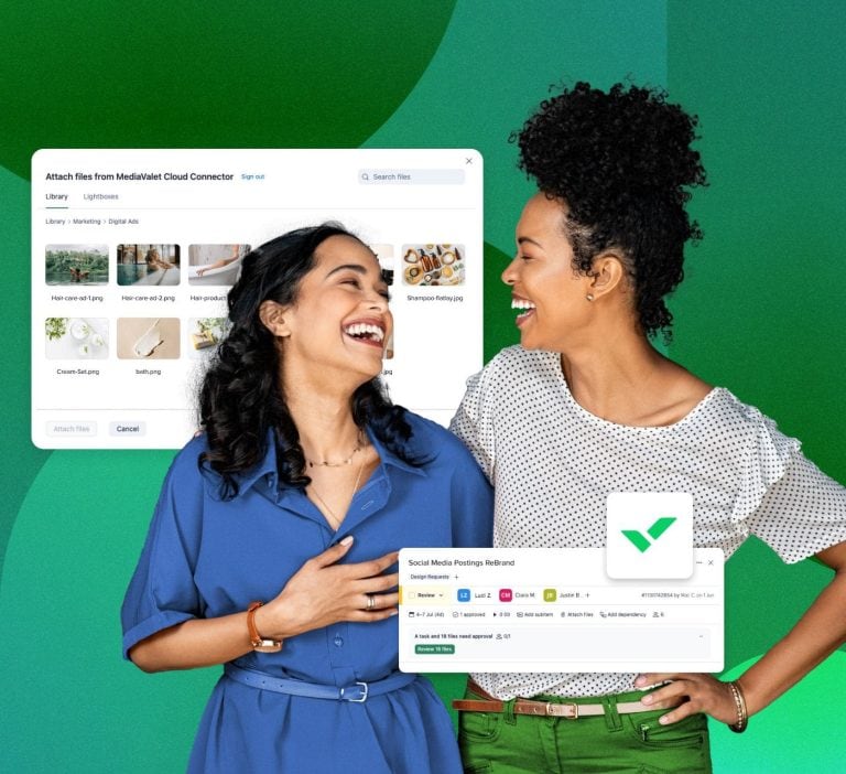 two female colleagues arm in arm with modules of wrike and mediavalet surrounding them on a green gradient background
