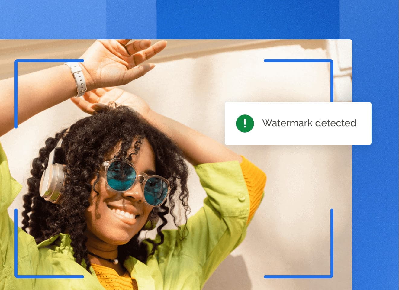 Dancing woman wearing sunglasses and headphones with a watermark logo on the image